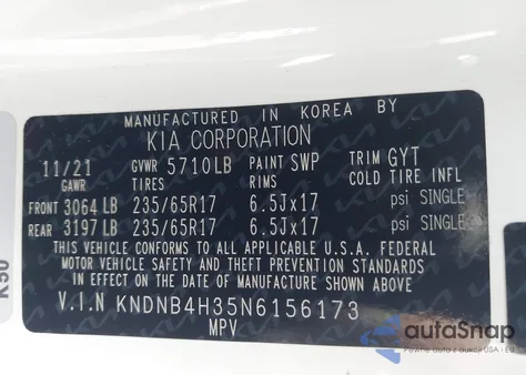 2022 Kia Carnival Mpv Lx Seat Package z USA, uszkodzony, nr VIN KNDNB4H35N6156173